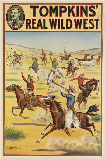 DESIGNER UNKNOWN. TOMPKINS REAL WILD WEST. Two posters. Circa 1914. Each approximately 29x19 inches, 73x48 cm. The Donaldson Litho. Co